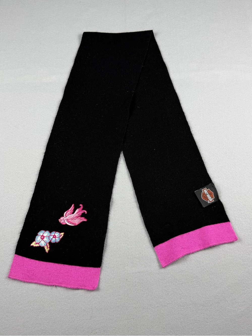 Harley-Davidson Black Scarf with Pink Trim and Embroidered Motifs 7x49”